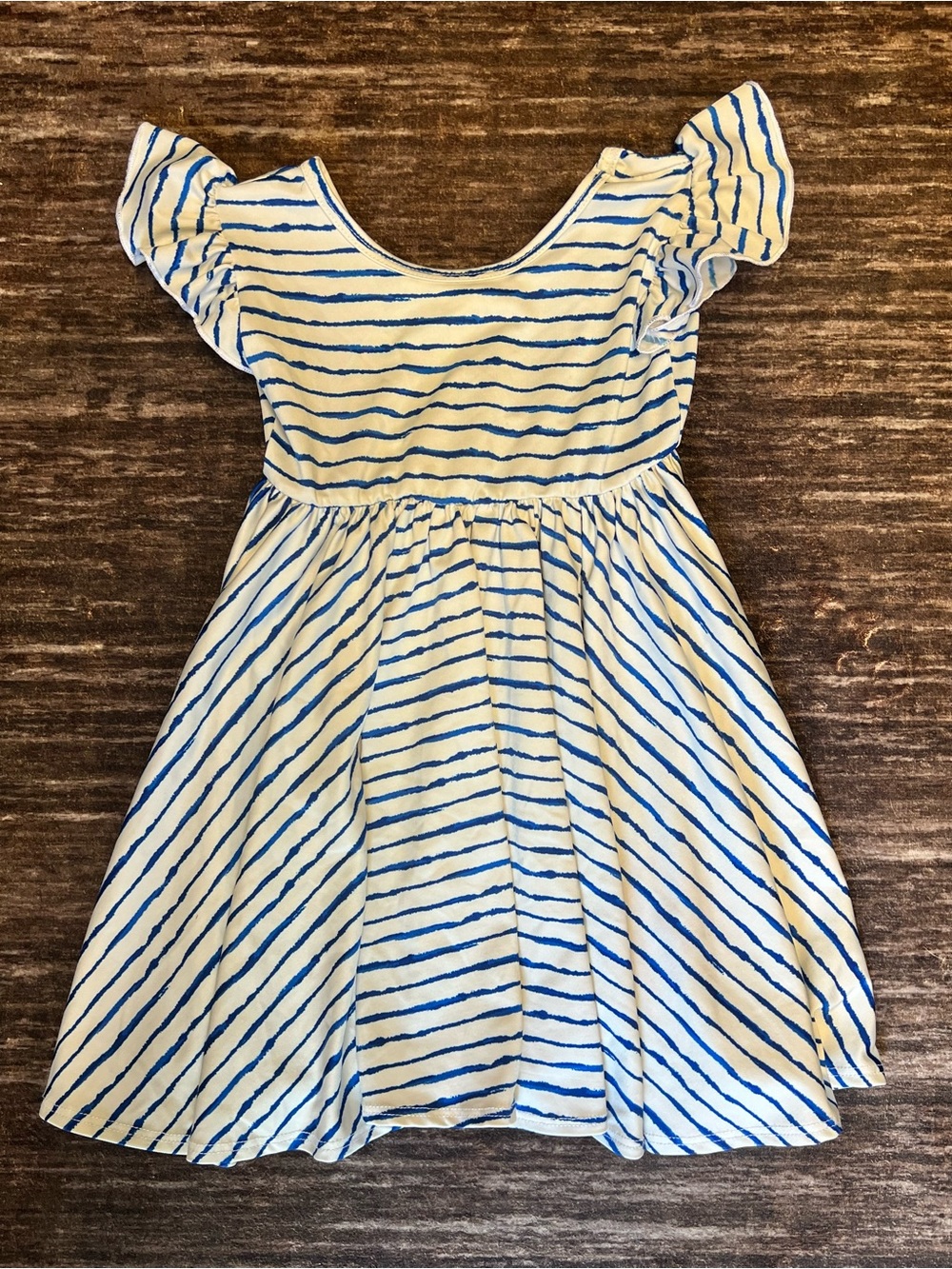 Girls Blue & White Stripe Flutter-Sleeve Dress